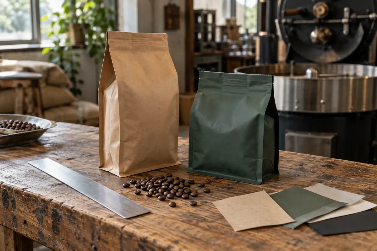 Coffee packaging bags with roasted beans, a ruler and material samples on a roastery workbench