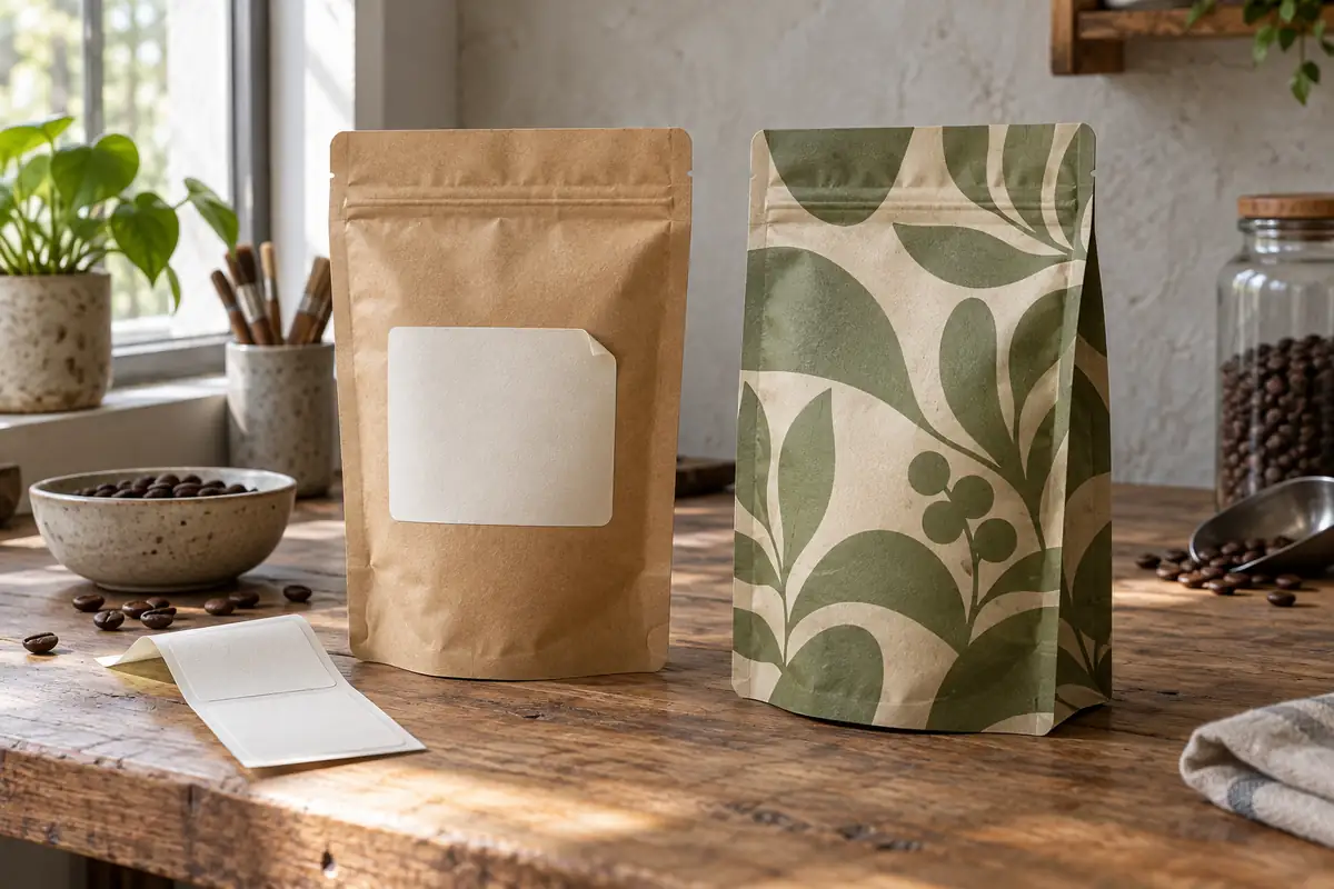 Kraft coffee pouch with a blank label beside a fully printed coffee bag