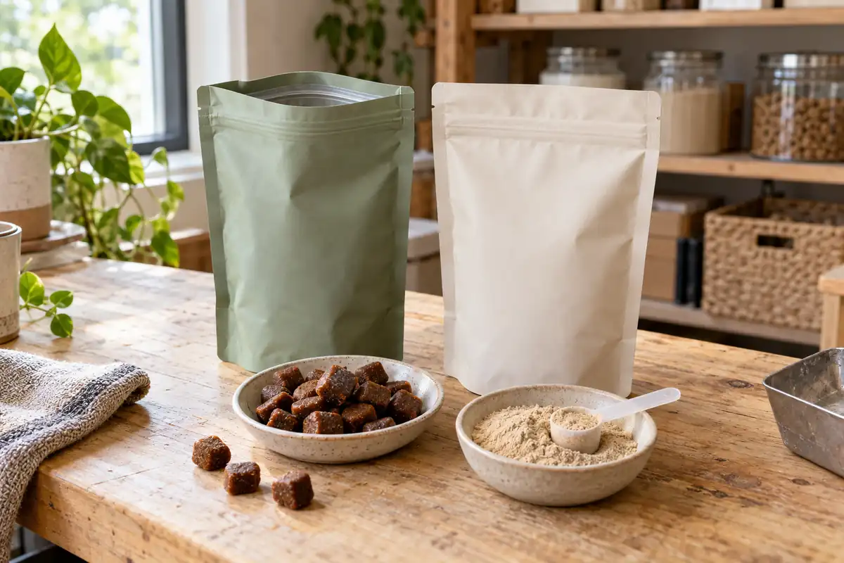 Resealable pet supplement pouches beside soft chews and beige powder with a measuring scoop